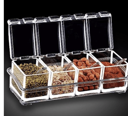 Crystal Plastic Seasoning Acrylic Spice Rack, 4 Pieces Box with 4 Spoons, Kitchen Ware, Masala Container. - Image 2